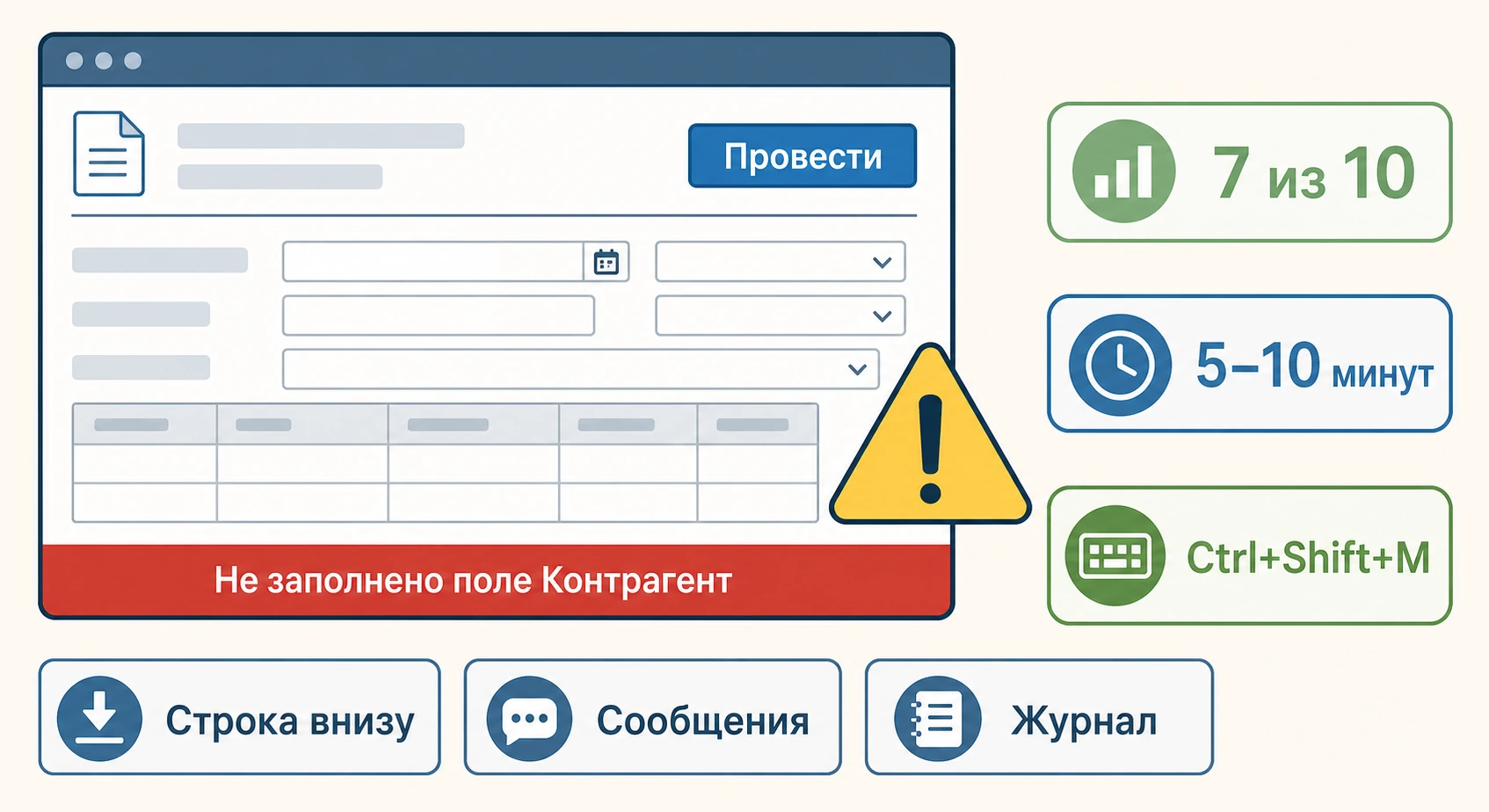 Окно ошибки при проведении документа в 1С: предупреждение с жёлтым треугольником и текстом о незаполненном поле