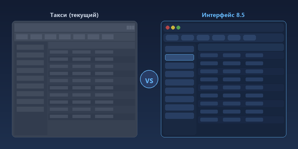 Сравнение интерфейса Такси и нового интерфейса 1С 8.5