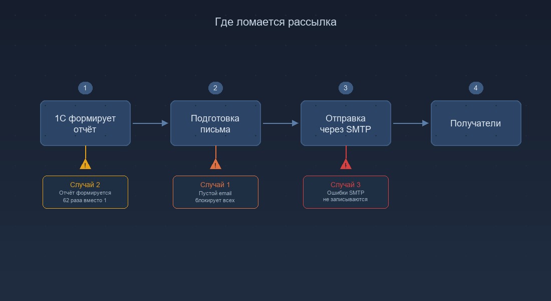 Схема работы рассылки отчётов в 1С: формирование отчёта, подготовка письма, отправка через SMTP, доставка получателям