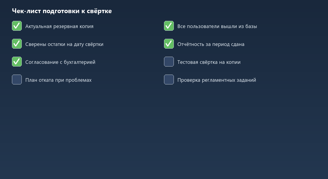 Чек-лист подготовки к свёртке базы 1С с восемью пунктами проверки
