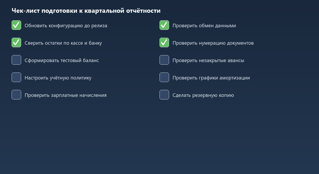 Чек-лист подготовки базы 1С к квартальной отчётности из десяти пунктов проверки