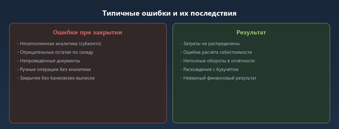 Типичные ошибки при закрытии месяца в 1С и их последствия — непроведённые документы, отрицательные остатки, пустая аналитика