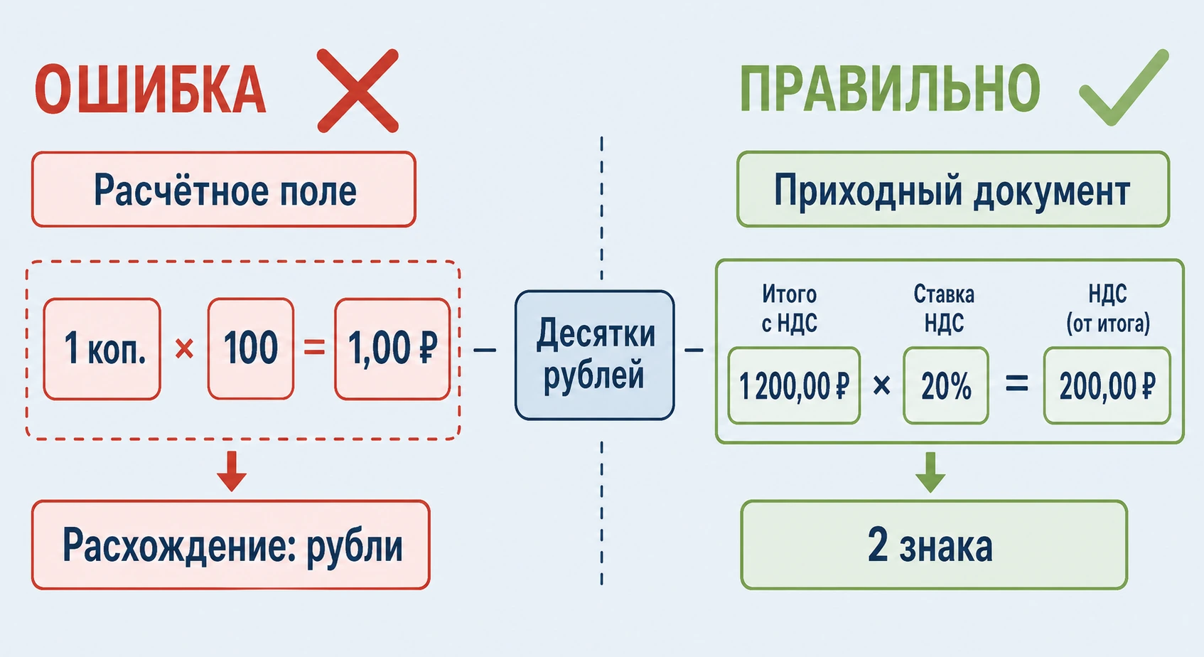 Сравнение типичных ошибок ЭСЧФ и правильного расчёта сумм НДС в 1С