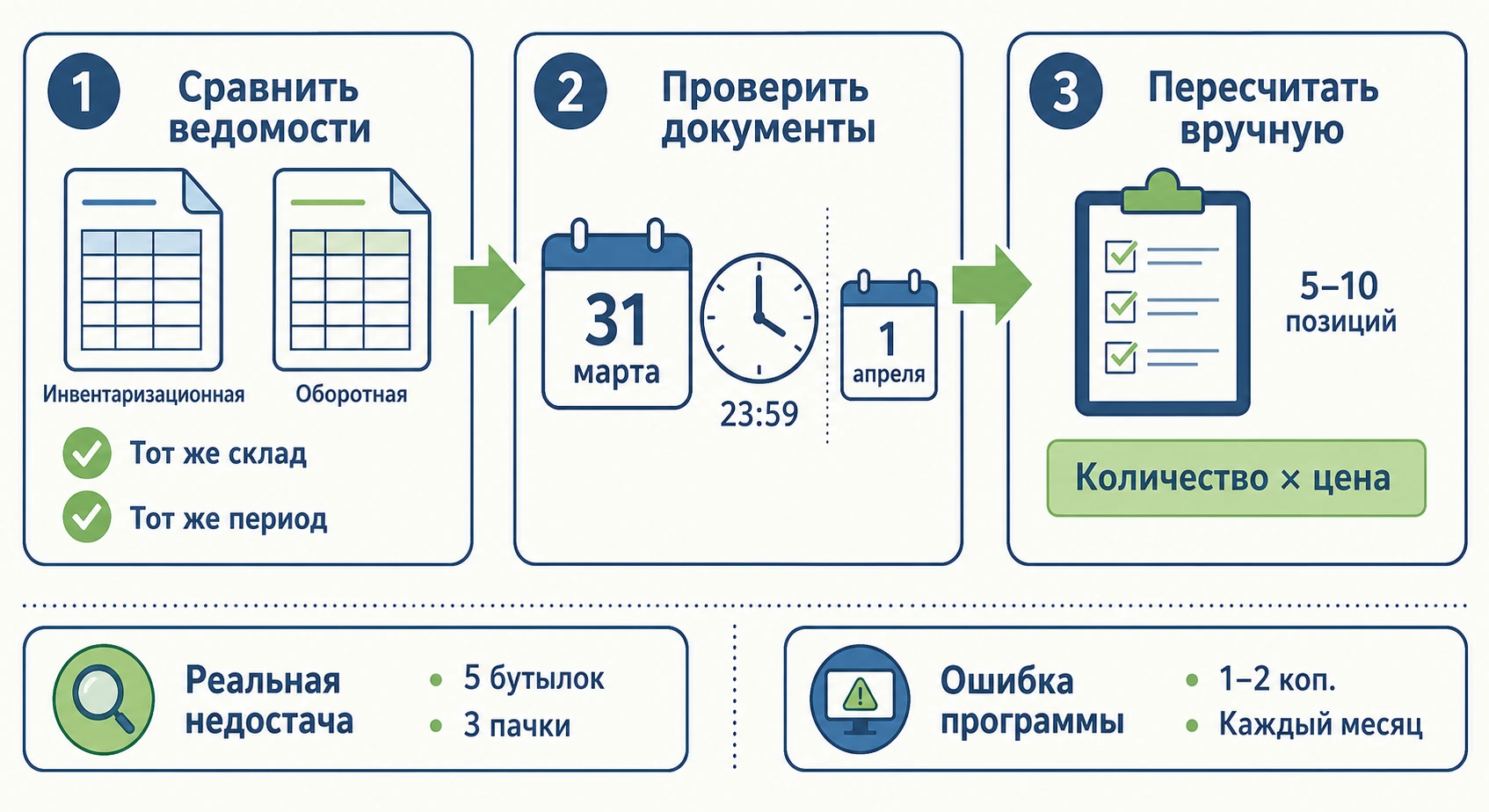 Три шага проверки инвентаризации: сравнить ведомости, проверить документы, пересчитать вручную