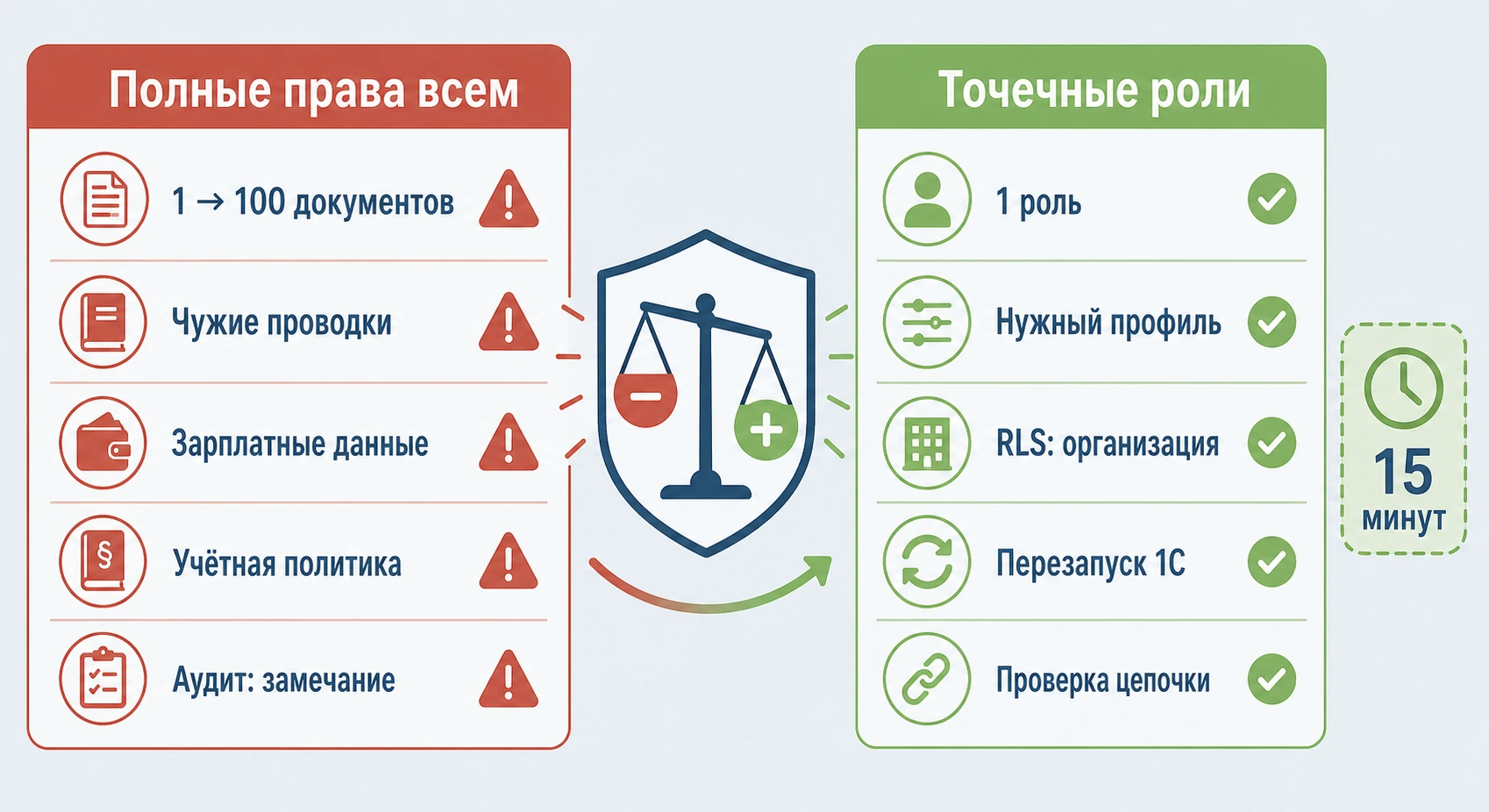 Сравнение: полные права всем (опасно) и точечная настройка ролей (безопасно)