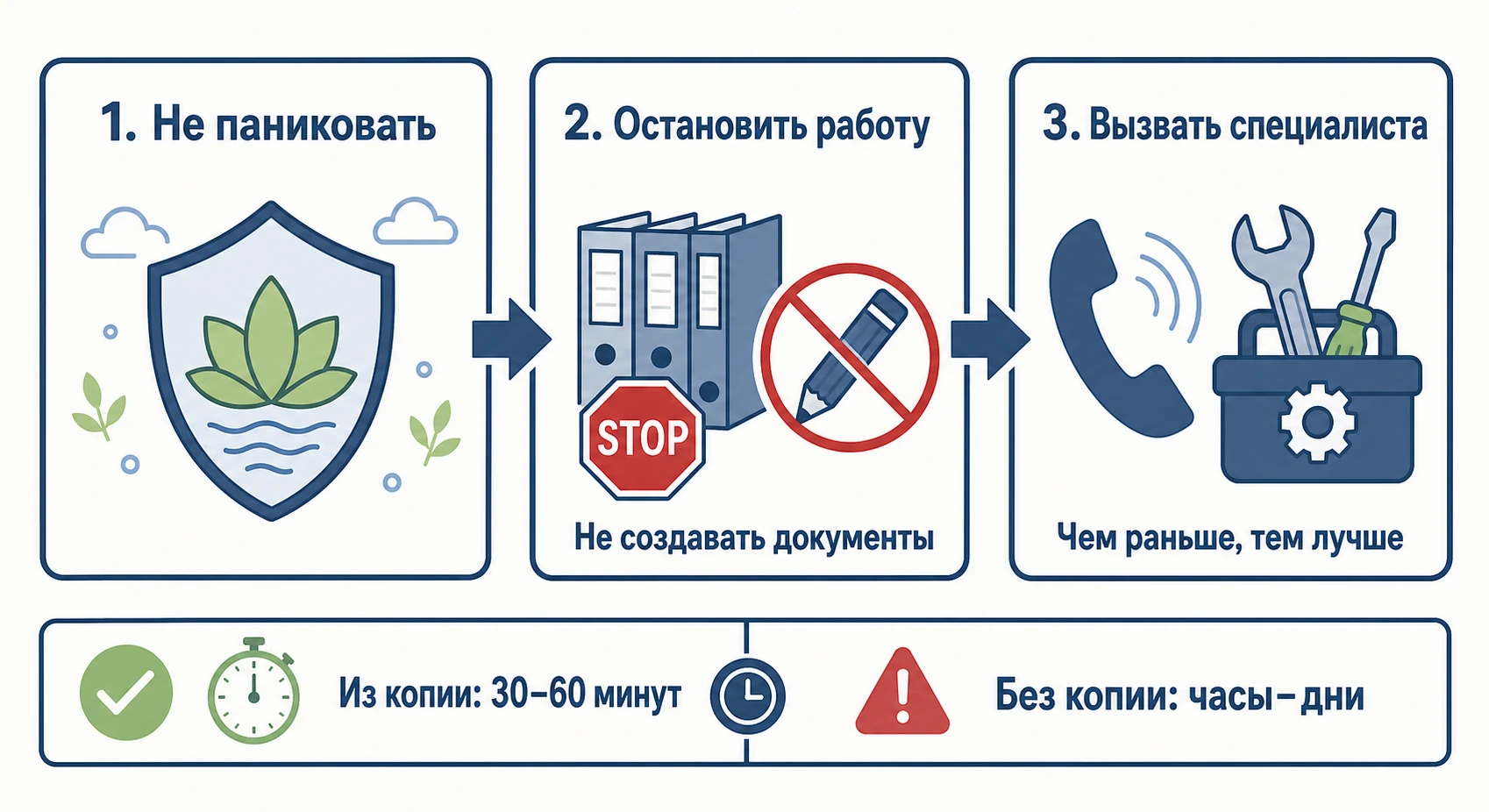 Три шага при потере данных: не паниковать, не работать в базе, вызвать специалиста